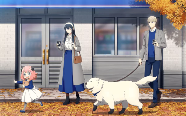 HD desktop wallpaper of Spy x Family featuring characters Anya, Yor, and Loid Forger, along with Bond the dog, walking on a leaf-covered path during autumn.