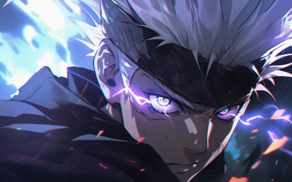 HD wallpaper of Satoru Gojo from Jujutsu Kaisen, depicted with intense purple eyes and a dynamic, glowing aura.