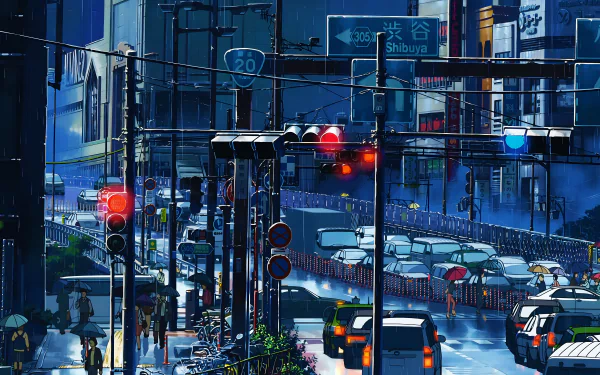 4K Ultra HD anime desktop wallpaper from The Garden of Words featuring a rainy night scene of bustling Shibuya streets illuminated by traffic lights and city signs.