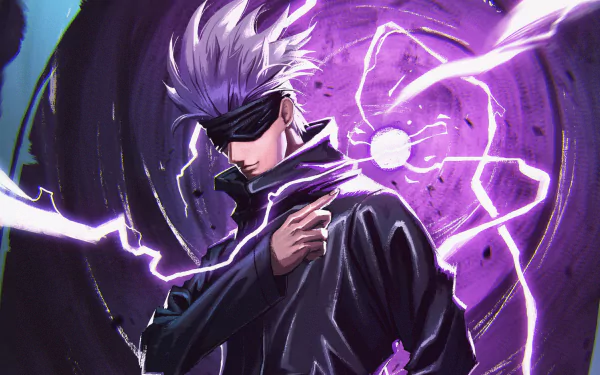 HD PC desktop wallpaper featuring Satoru Gojo from Jujutsu Kaisen, surrounded by vibrant purple energy and lightning effects in a dynamic anime style.