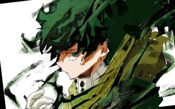 HD PC desktop wallpaper featuring Izuku Midoriya from the anime My Hero Academia in dynamic green and black tones with a dramatic, artistic style.
