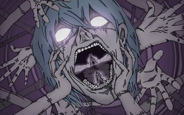 HD wallpaper featuring Mahito from Jujutsu Kaisen. The artwork displays a dark and dramatic scene with Mahito's wide-open mouth and eyes glowing intensely, surrounded by numerous hands.