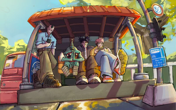 HD PC desktop wallpaper featuring anime characters from Jujutsu Kaisen sitting together at a bus stop under a bright, sunny sky.
