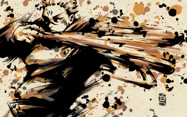 Sukuna from Jujutsu Kaisen strikes a dynamic pose in this vibrant 8K Ultra HD anime wallpaper, adorned with expressive splashes of color.