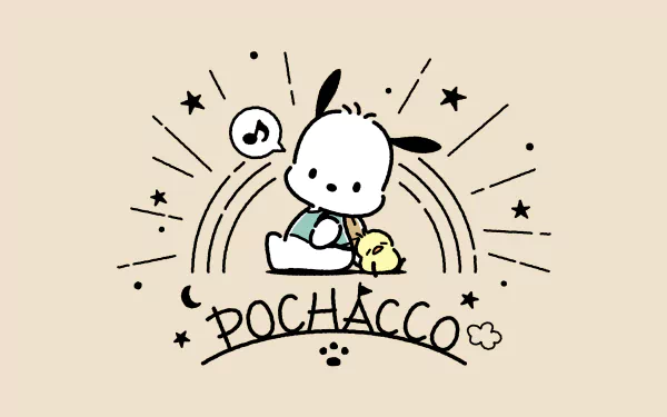 HD Anime Pochacco desktop wallpaper with the character surrounded by stars on a beige background.