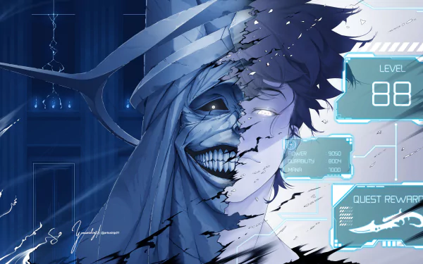 HD anime desktop wallpaper featuring Sung Jin-Woo as the Statue of God from Solo Leveling, with digital elements displaying level 88 and quest rewards.