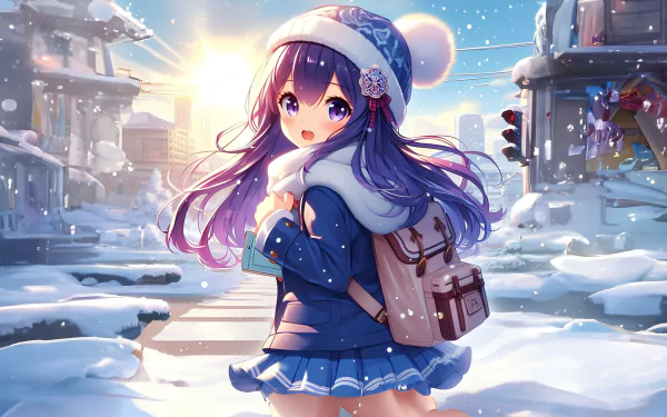 A cute anime girl with purple hair dressed in winter clothes stands in a snowy city street at sunset, rendered in vibrant 4K Ultra HD quality.