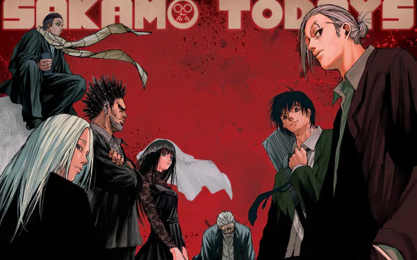 HD desktop wallpaper featuring characters from the manga Sakamoto Days set against a red background.