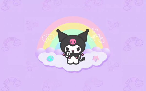 HD wallpaper featuring Kuromi from Onegai My Melody, depicted cutely with a pastel rainbow and clouds background, from the Sanrio universe.