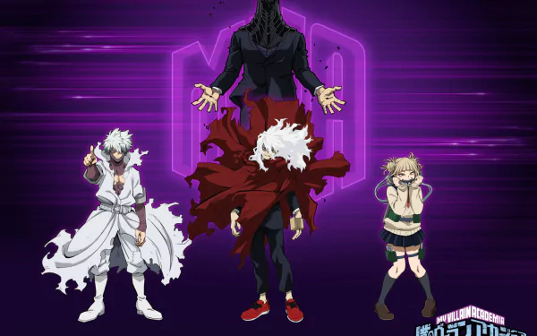 HD PC desktop wallpaper featuring three My Hero Academia anime characters against a glowing purple tech-inspired background.