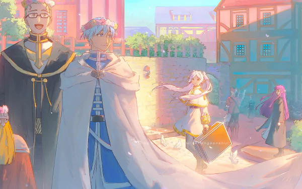 4K Ultra HD anime wallpaper from Frieren: Beyond Journey's End, featuring characters in a sunlit town square with soft pastel colors and detailed backgrounds.