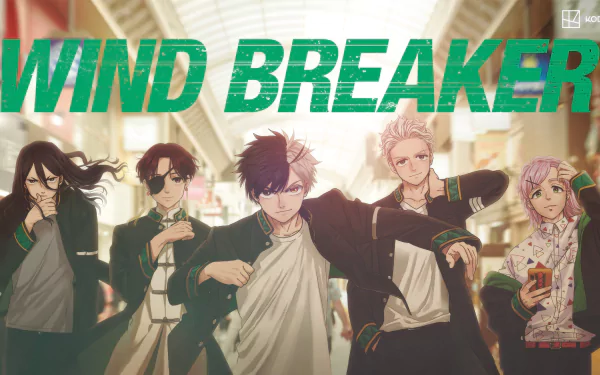 An HD desktop wallpaper featuring characters from the anime Wind Breaker, showcasing a dynamic group with vibrant colors and a striking background.