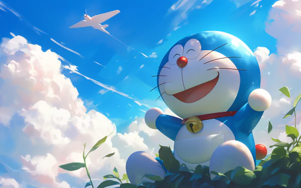 HD desktop wallpaper featuring Doraemon against a vibrant background of blue skies and fluffy white clouds, with a plane flying above.