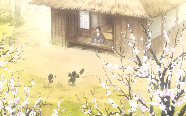 4K Ultra HD anime wallpaper featuring a serene scene from Demon Slayer: Kimetsu no Yaiba with characters near a traditional thatched-roof house surrounded by blooming trees.