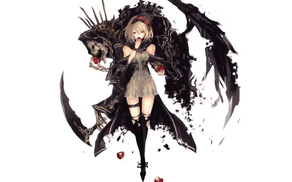 A striking HD anime wallpaper featuring an original character in a dramatic pose, adorned with dark elements and surrounded by floating hearts, artistic and captivating.