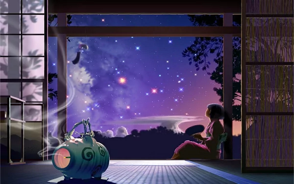 An anime-styled HD desktop wallpaper featuring a serene scene of a person in a kimono gazing at a starry sky through an open traditional Japanese room.