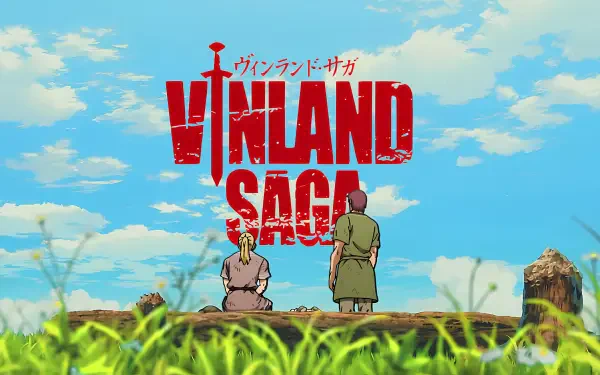 4K Ultra HD anime wallpaper featuring Thorfinn from Vinland Saga, set against a vibrant blue sky and lush green landscape, capturing the aesthetic essence of the series.