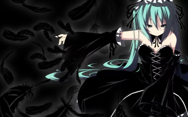 Hatsune Miku in gothic attire from Vocaloid, surrounded by black feathers, set against a dark background. This HD anime desktop wallpaper exudes a mysterious and elegant vibe.