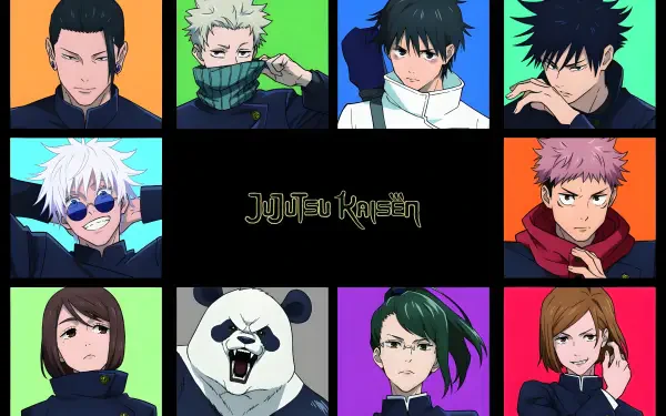 4K Ultra HD anime wallpaper featuring main characters from Jujutsu Kaisen and Jujutsu Kaisen 0 against vibrant colored backgrounds with the series title centered.