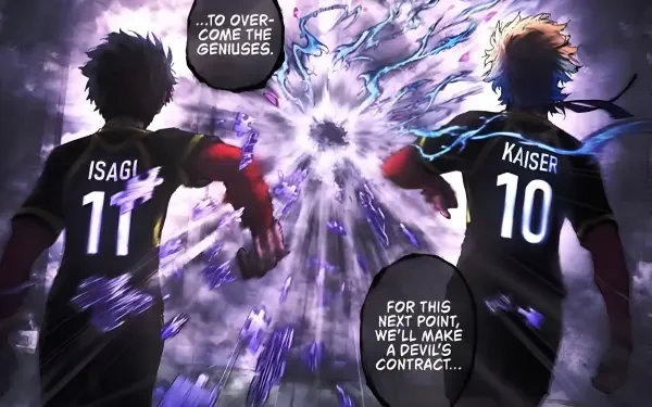 Anime-inspired HD wallpaper featuring characters Isagi Yoichi and Michael Kaiser from Blue Lock, showcasing their intense determination amid a vibrant backdrop of energy and powerful dialogue.