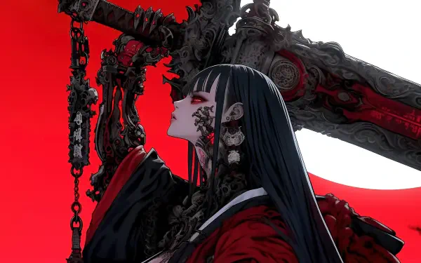 4K Ultra HD anime wallpaper featuring a dark-haired anime girl wielding a large sword against a bold red background.
