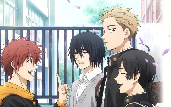 Anime 2K Quad HD PC desktop wallpaper: four schoolboys laughing beneath falling cherry petals, titled The Fragrant Flower Blooms With Dignity.