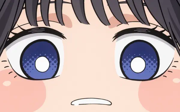Close-up anime artwork of Kaoruko Waguri with large blue eyes from The Fragrant Flower Blooms With Dignity, presented as an HD PC desktop wallpaper.