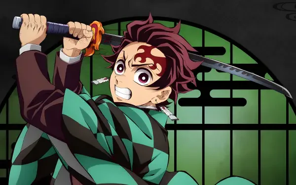 4K Ultra HD PC desktop wallpaper of Tanjiro Kamado (Demon Slayer: Kimetsu no Yaiba), brandishing his sword with a fierce expression and Demon Slayer mark before a green shoji window.