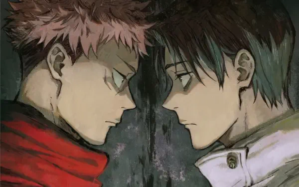 Side-profile standoff of Yuji Itadori and Yuta Okkotsu from Jujutsu Kaisen, gritty close-up with moody lighting — 4K Ultra HD PC desktop wallpaper/background.