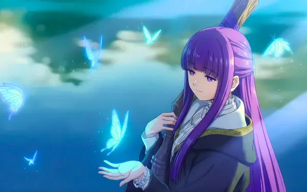 Frieren (Frieren: Beyond Journey's End) and Fern anime mage amid glowing butterflies on a cliff, serene 5K Ultra HD desktop wallpaper background.
