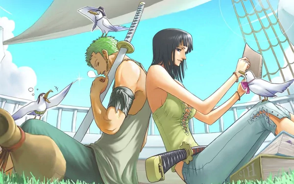 HD desktop wallpaper featuring two characters from the anime One Piece sitting back-to-back on a ship deck, surrounded by seagulls, with clear blue skies in the background.