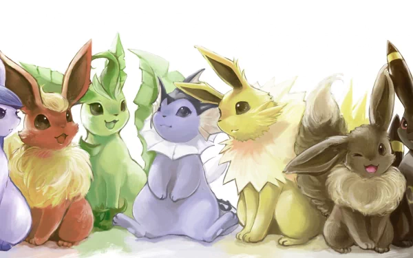 HD desktop wallpaper of various Pokémon, featuring colorful, adorable Eevee evolutions lined up together with a white background. Anime-styled and detailed artwork.