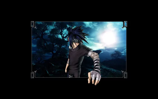 HD desktop wallpaper featuring Sasuke Uchiha from the anime Naruto, set against a dark and moody landscape with a glowing sky.