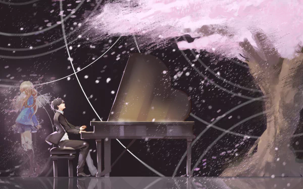 HD wallpaper of Your Lie in April featuring Kaori Miyazono and Kousei Arima with cherry blossoms and a piano in a magical, starry setting.