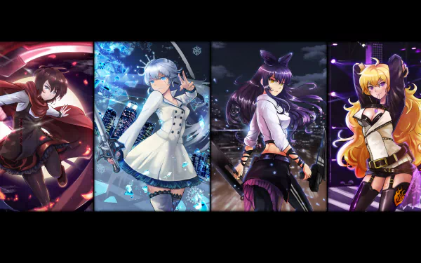 HD desktop wallpaper featuring Ruby Rose, Weiss Schnee, Blake Belladonna, and Yang Xiao Long from RWBY in their Hunter, SnowPea, Slayer, and Intruder outfits.