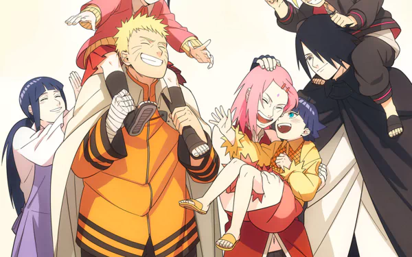 HD wallpaper featuring characters from Boruto: Naruto the Movie including Naruto Uzumaki, Sasuke Uchiha, and their families in a cheerful pose.