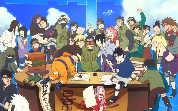 HD desktop wallpaper featuring a vibrant and colorful scene from the anime Naruto, with multiple characters joyfully gathered around a table under a blue sky.