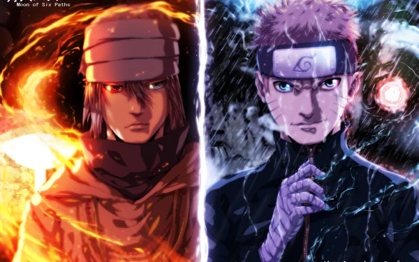 HD desktop wallpaper featuring Sasuke Uchiha with the Rinnegan and Sharingan on the left, and Naruto Uzumaki on the right. The intense background splits them with contrasting fiery and icy elements.