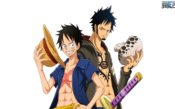 HD desktop wallpaper featuring Monkey D. Luffy and Trafalgar Law from the anime One Piece. Luffy holds his straw hat while Law holds his nodachi sword, both showcasing their characteristic designs.