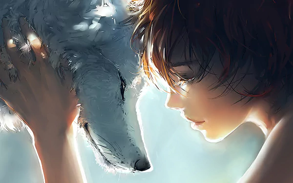 An anime girl with short hair lovingly touches the head of a white wolf. Inspired by Princess Mononoke, this HD desktop wallpaper captures a serene and intimate moment between the girl and the wolf.