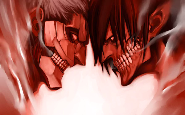 HD desktop wallpaper featuring the Armored Titan and Eren Yeager from the anime Attack on Titan in a close-up face-off.