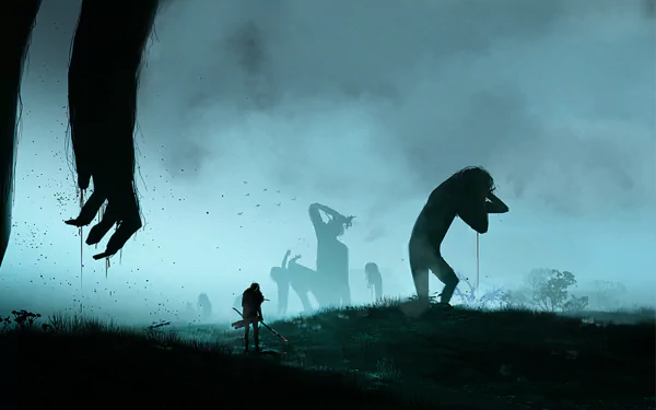 HD desktop wallpaper featuring Levi Ackerman from Attack on Titan standing against a misty, eerie backdrop with looming Titan figures.
