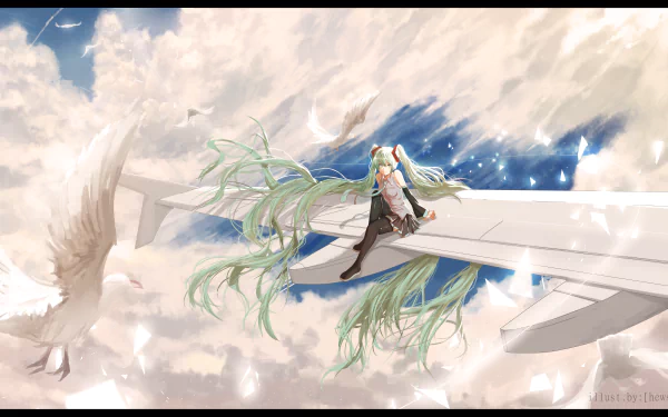 A vibrant HD wallpaper featuring Hatsune Miku with long green twintails, perched on an airplane wing against a dreamy sky filled with clouds and doves.