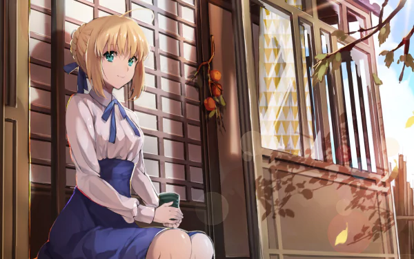 Anime character Saber from the Fate/Stay Night series sits peacefully with a cup against a traditional Japanese backdrop in this HD desktop wallpaper. The serene scene is accented by falling autumn leaves.