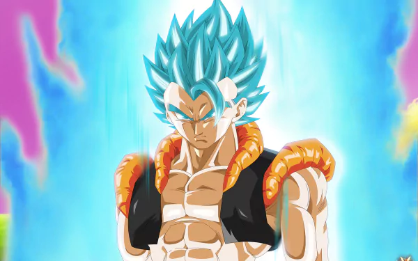 HD wallpaper featuring Gogeta from Dragon Ball Super, an anime character with blue hair and a confident expression, surrounded by vibrant colors and energy.