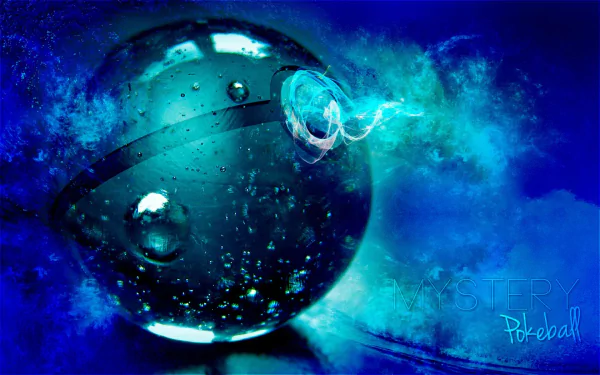 A vibrant HD desktop wallpaper featuring a stylized Pokéball surrounded by swirling blue mist and bubbles, embodying the essence of anime and the Pokémon universe.