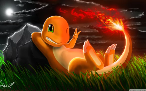 HD desktop wallpaper featuring an anime-style Charmander from Pokémon, relaxing against a rock with a fiery tail glowing in the grass under a moonlit, cloudy sky.