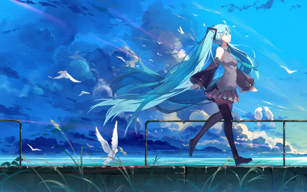 Hatsune Miku, a Vocaloid character, walks along a pier in a stunning anime landscape with a vibrant blue sky and flying seagulls. This HD desktop wallpaper captures a serene and picturesque moment.