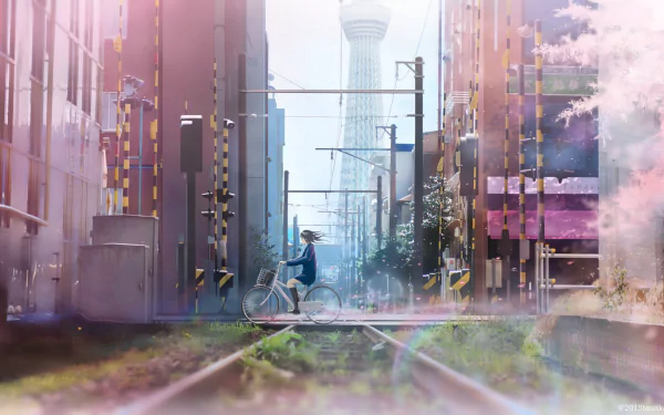 HD anime wallpaper featuring an original scene of a person crossing railway tracks with a bicycle in a serene, urban setting with a tower in the background.