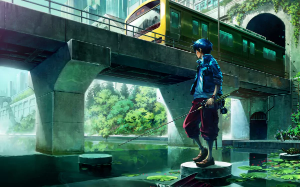 Anime boy fishing by a serene river under a bridge with a passing yellow train, featured in an HD desktop wallpaper and background.